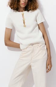 MANGO Metallic Cutout Short Sleeve Sweater