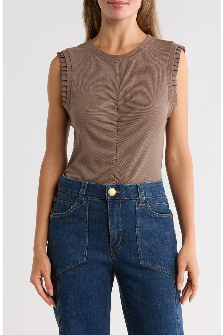 Ruched Rib Mixed Media Knit Top, Main, color, OYSTER MUSHROOM