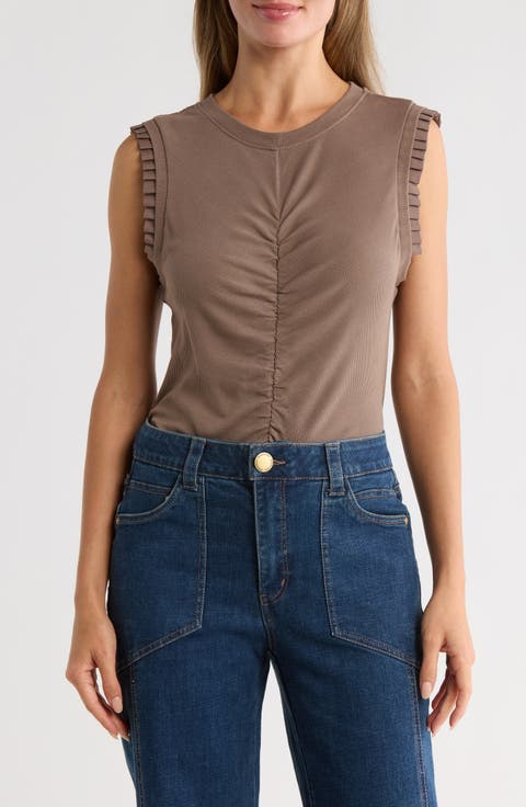 Ruched Rib Mixed Media Knit Top