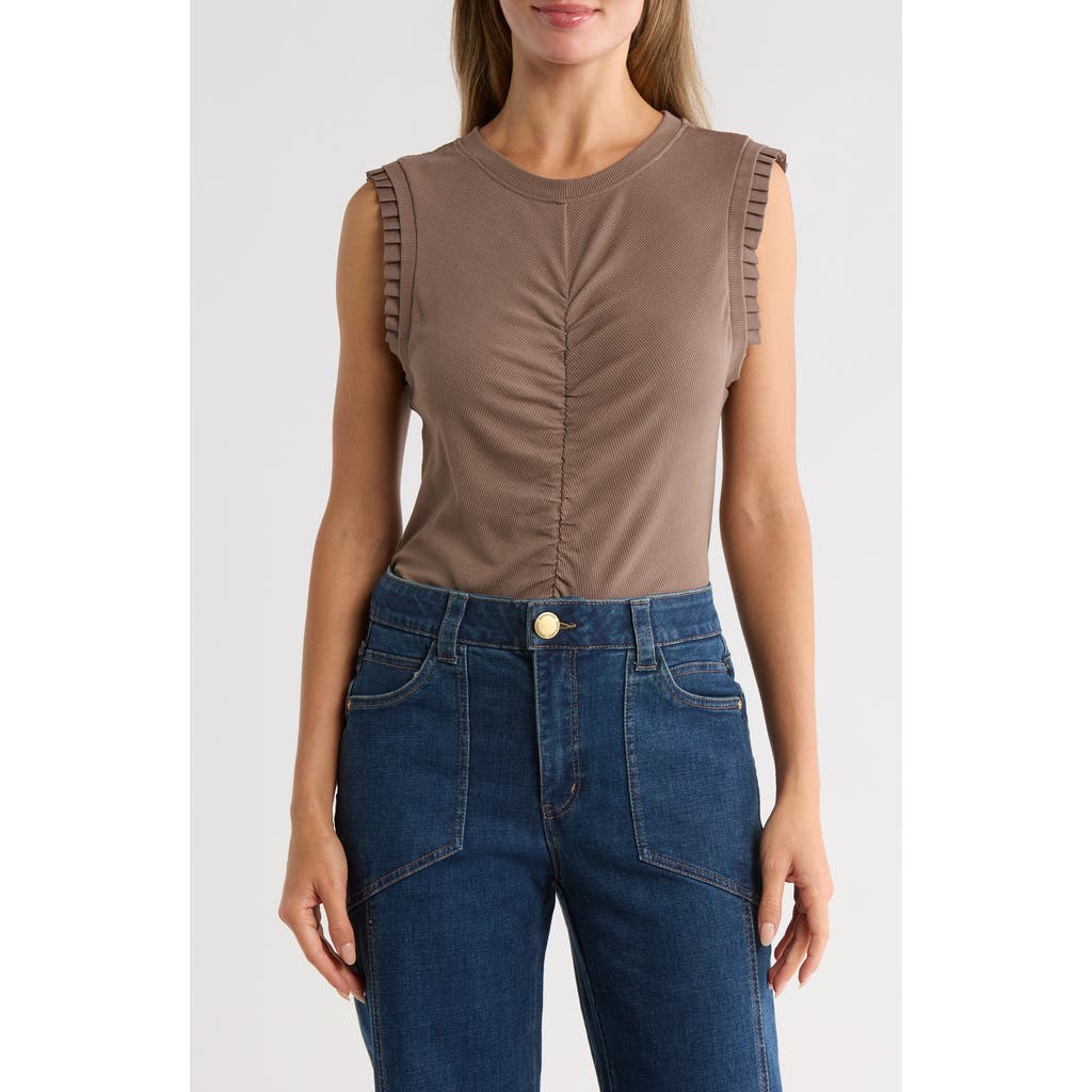 Democracy Ruched Rib Mixed Media Knit Top In Brown