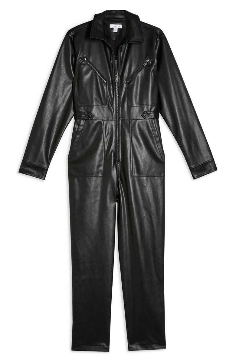 Topshop Long Sleeve Straight Leg Faux Leather Jumpsuit, Alternate, color, 