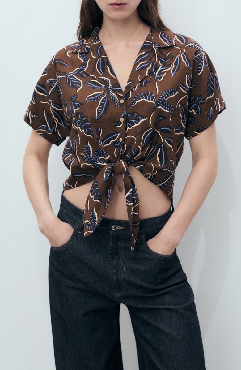 MANGO Print Tie Hem Crop Shirt, Main, color, Brown