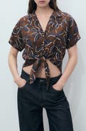 MANGO Print Tie Hem Crop Shirt