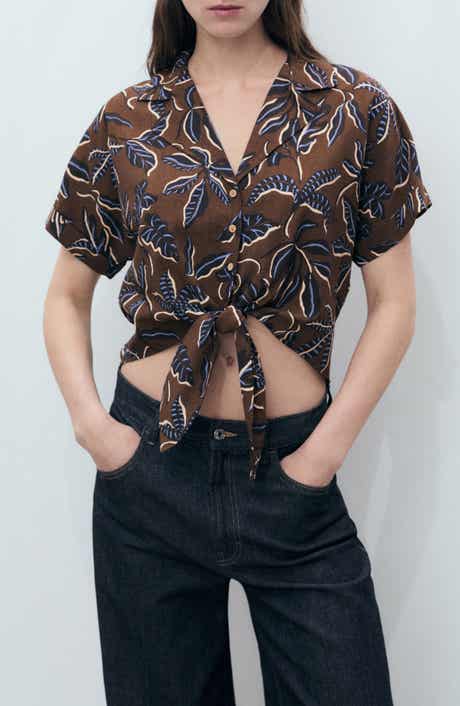 MANGO Print Tie Hem Crop Shirt