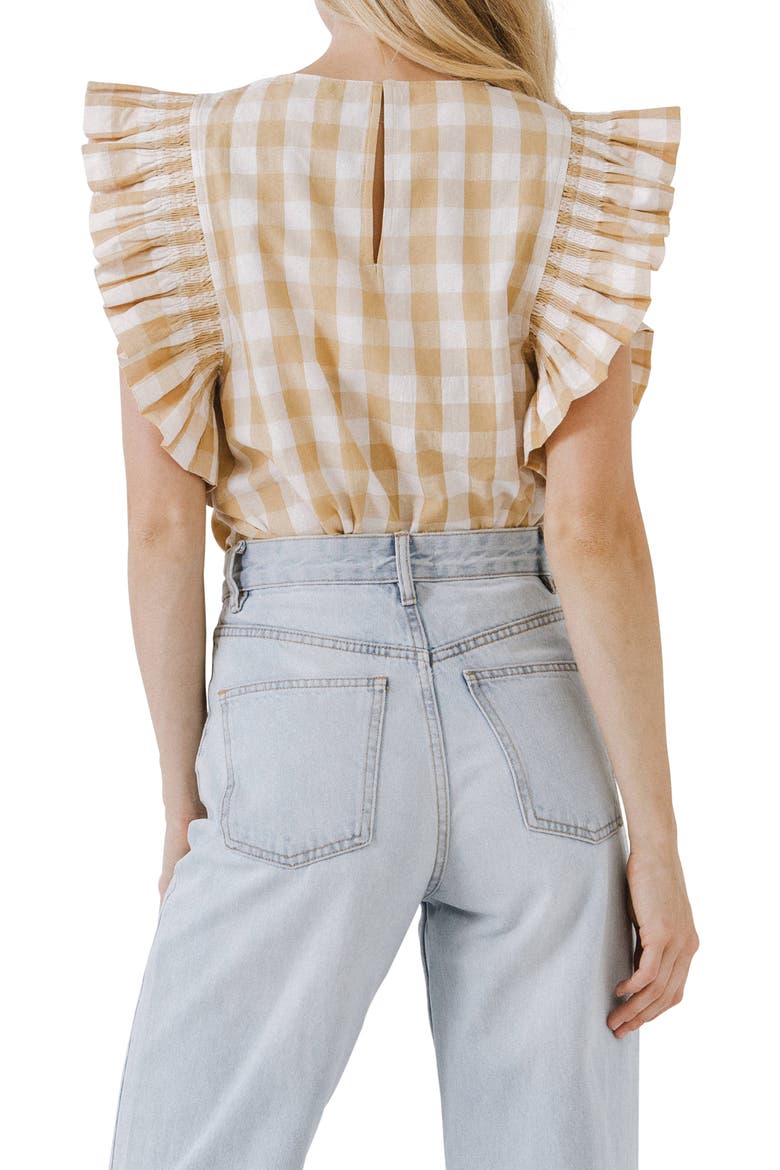 Gingham Ruffle Sleeve Top, Alternate, color, BEIGE