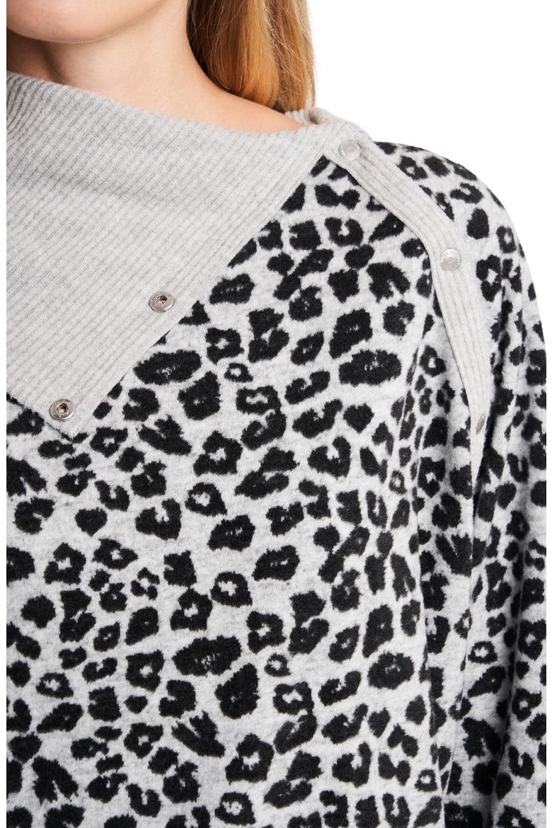 Leopard Jacquard Foldover Neck Brushed Top, Alternate, color, SILVER HTHR