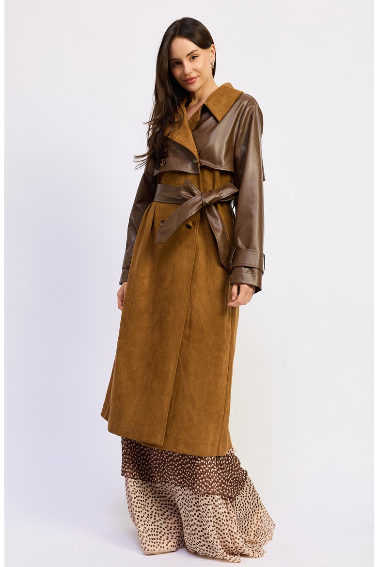 Yumi Faux Leather Trim Trench Coat, Alternate, color, BROWN