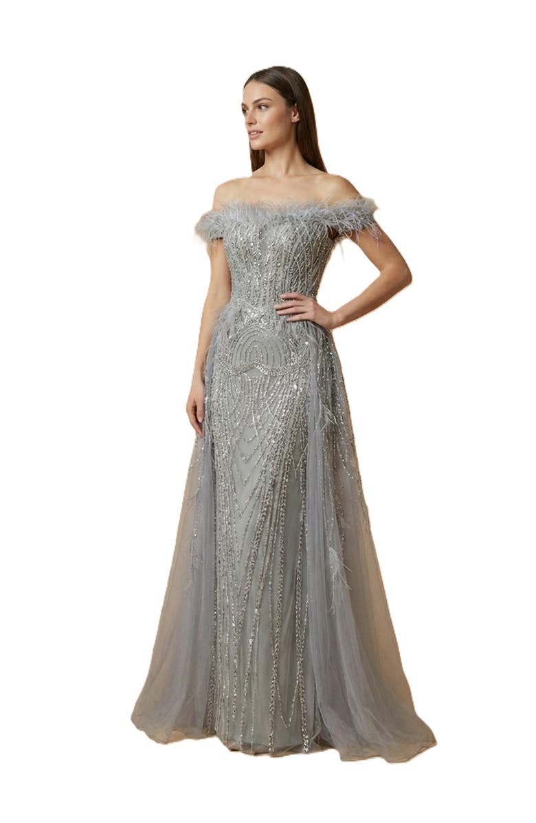 LARA New York Off Shoulder Gown with Feathers, Main, color, Slate
