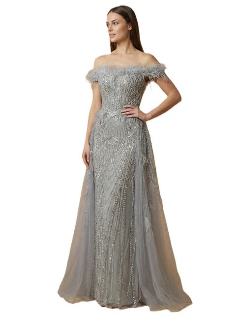 Off Shoulder Gown with Feathers