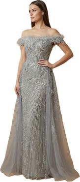 LARA New York Off Shoulder Gown with Feathers