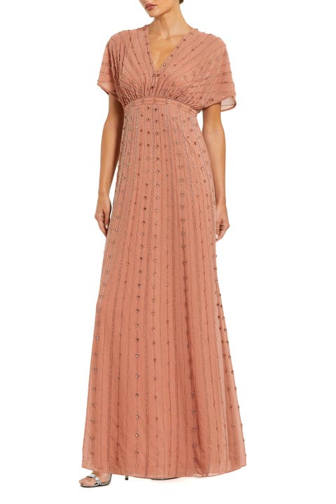 Beaded Short Sleeve V-Neck Empire Waist Gown