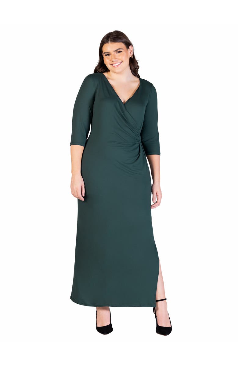24seven Comfort Apparel 24seven Comfort Appare Fitted V-Neck Side Slit  Maxi Dress, Main, color, Hunter
