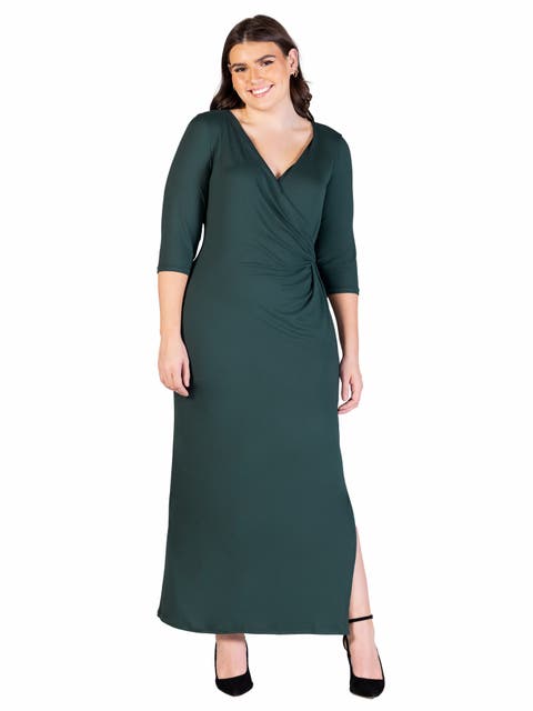 24seven Comfort Appare Fitted V-Neck Side Slit  Maxi Dress
