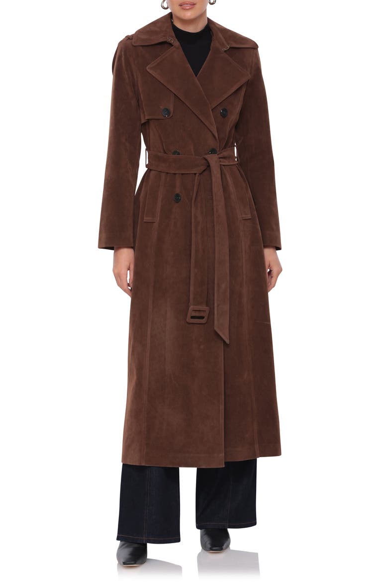 Faux Suede Double Breasted Maxi Trench Coat, Alternate, color, BRUNETTE