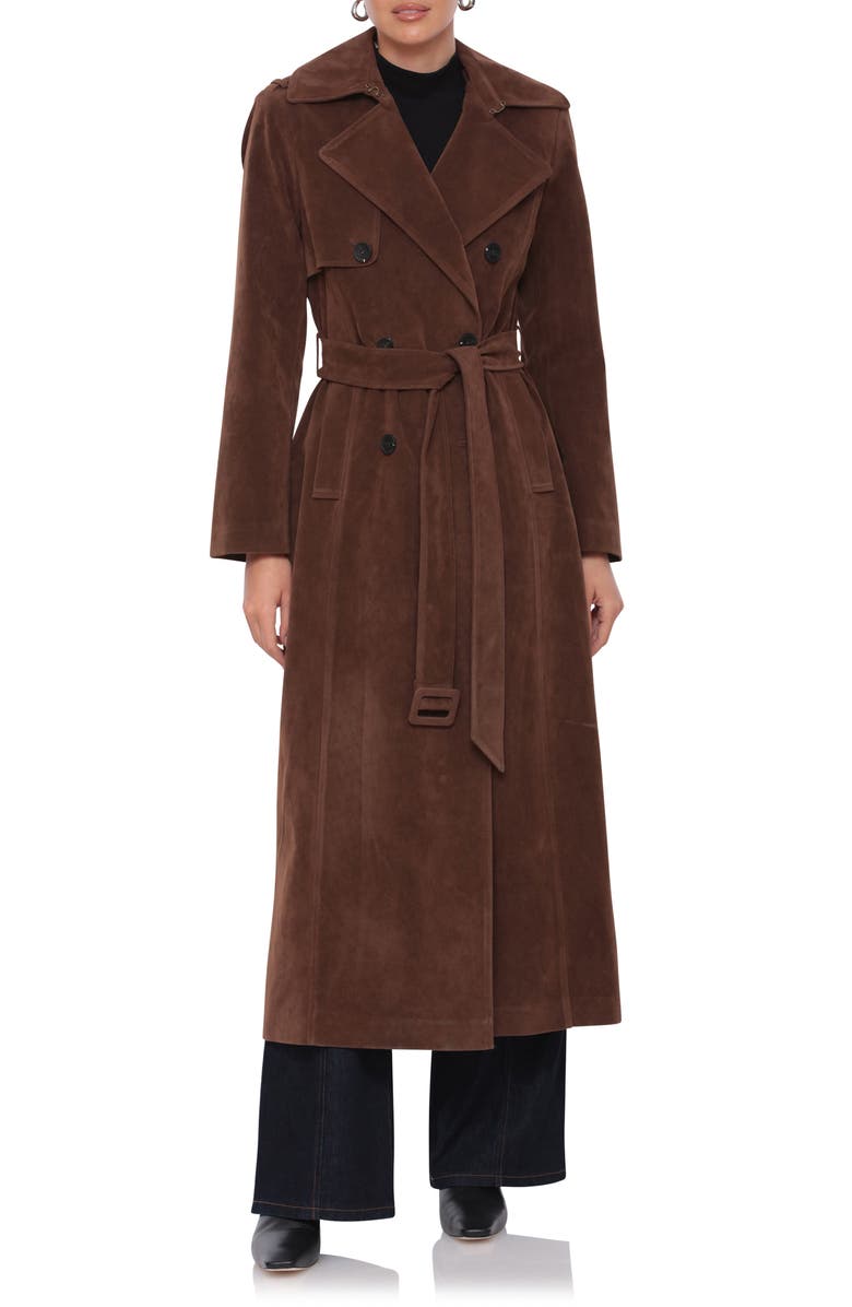 Avec Les Filles Faux Suede Double Breasted Maxi Trench Coat, Alternate, color, Brunette