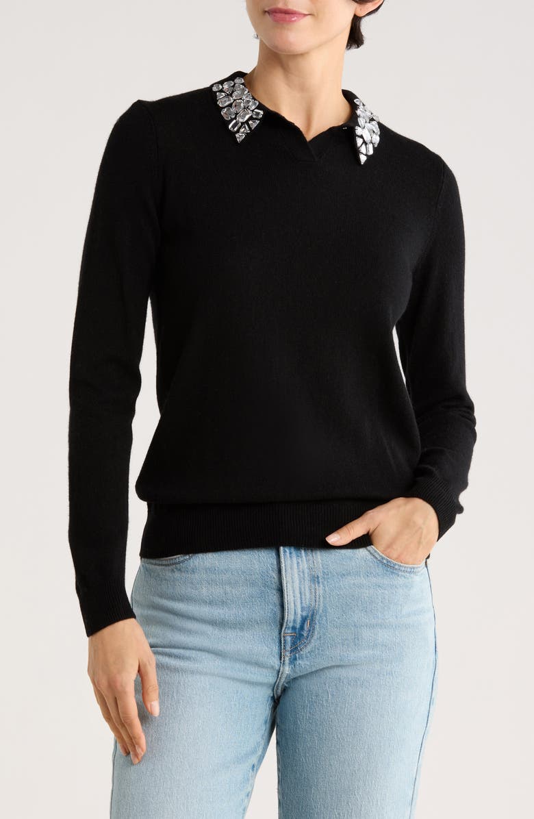 Sofia Cashmere Embellished Collar Polo, Main, color, Black