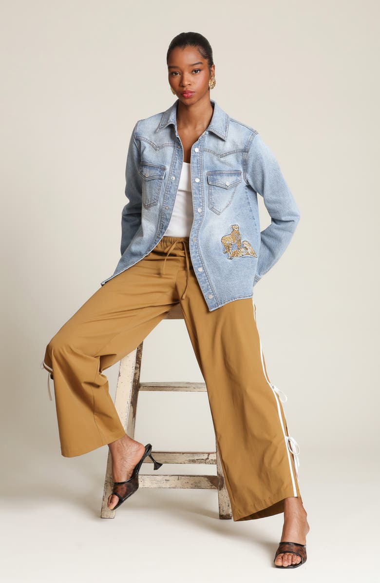 Avec Les Filles Cheetah Embroidered Stretch Denim Shirt Jacket, Alternate, color, Light Blue Wash