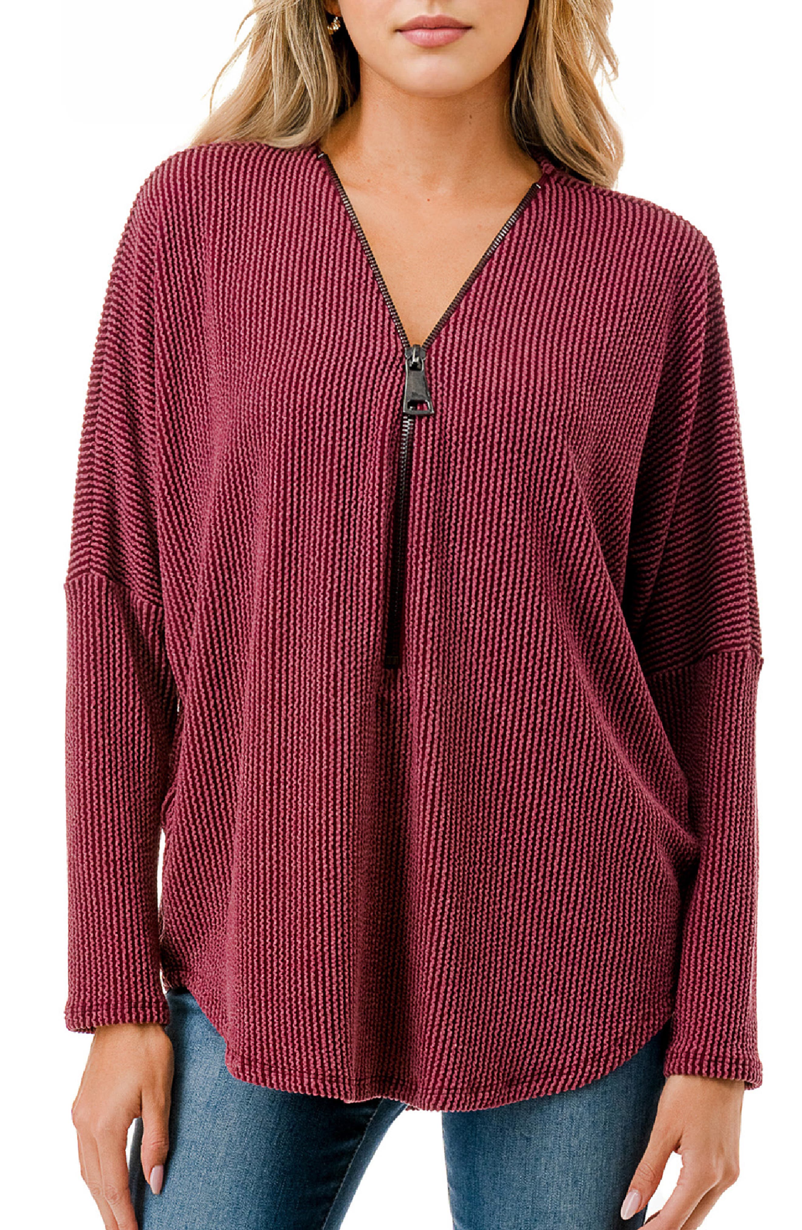 O.L. Quarter Zip Drop Shoulder Rib Long Sleeve Top