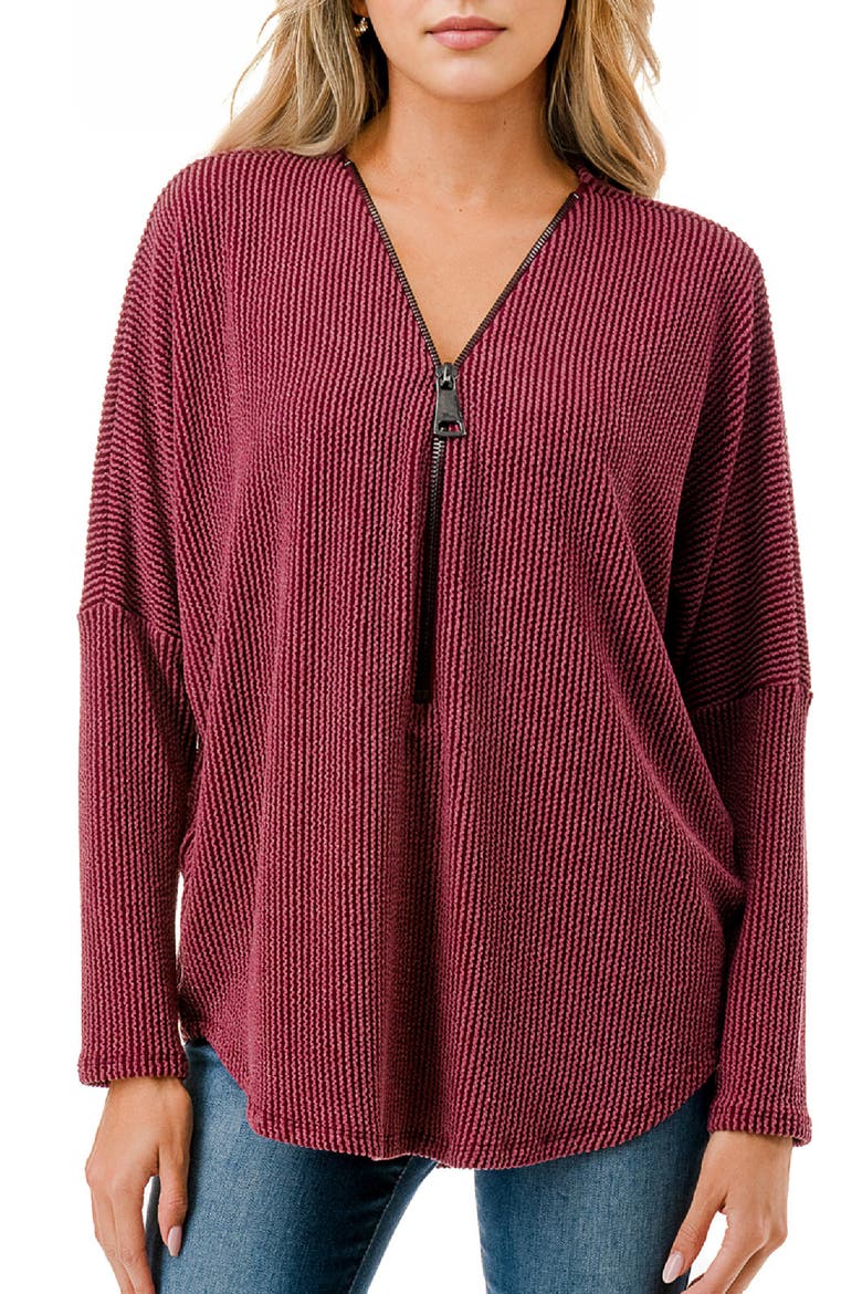 Quarter Zip Drop Shoulder Rib Long Sleeve Top, Main, color, WINE