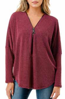 O.L. Quarter Zip Drop Shoulder Rib Long Sleeve Top