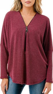O.L. Quarter Zip Drop Shoulder Rib Long Sleeve Top