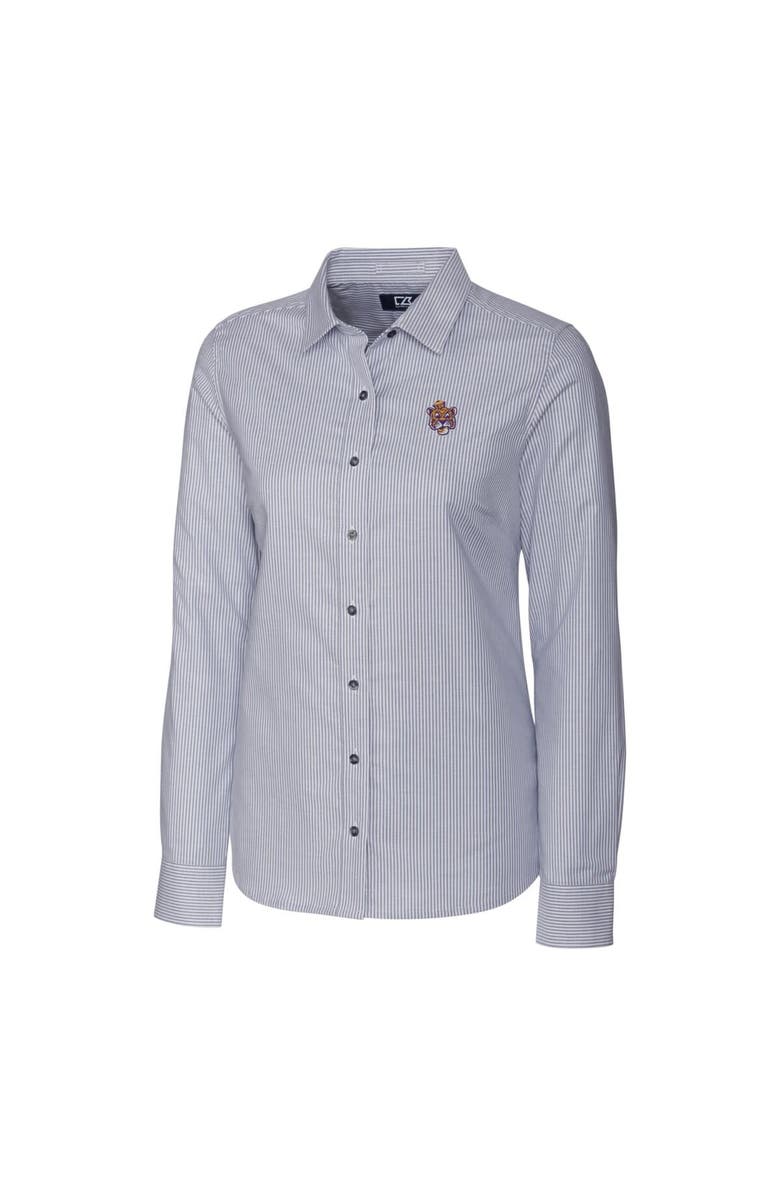 Cutter & Buck Women's Cutter & Buck Charcoal LSU Tigers Oxford Stripe Stretch Long Sleeve Button-Up Shirt, Alternate, color, 