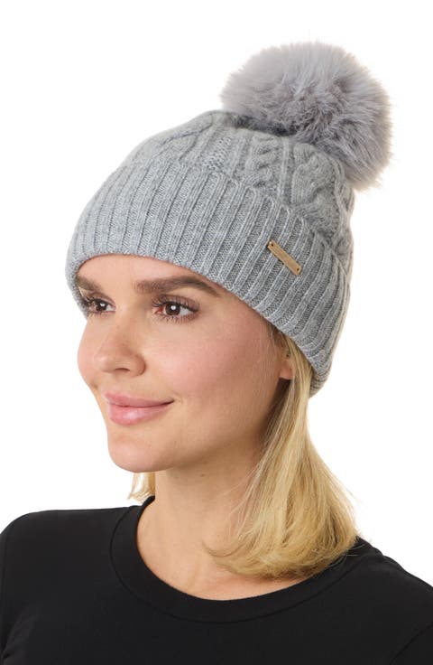 Cable Knit Wool & Cashmere Beanie with Faux Fur Pompom