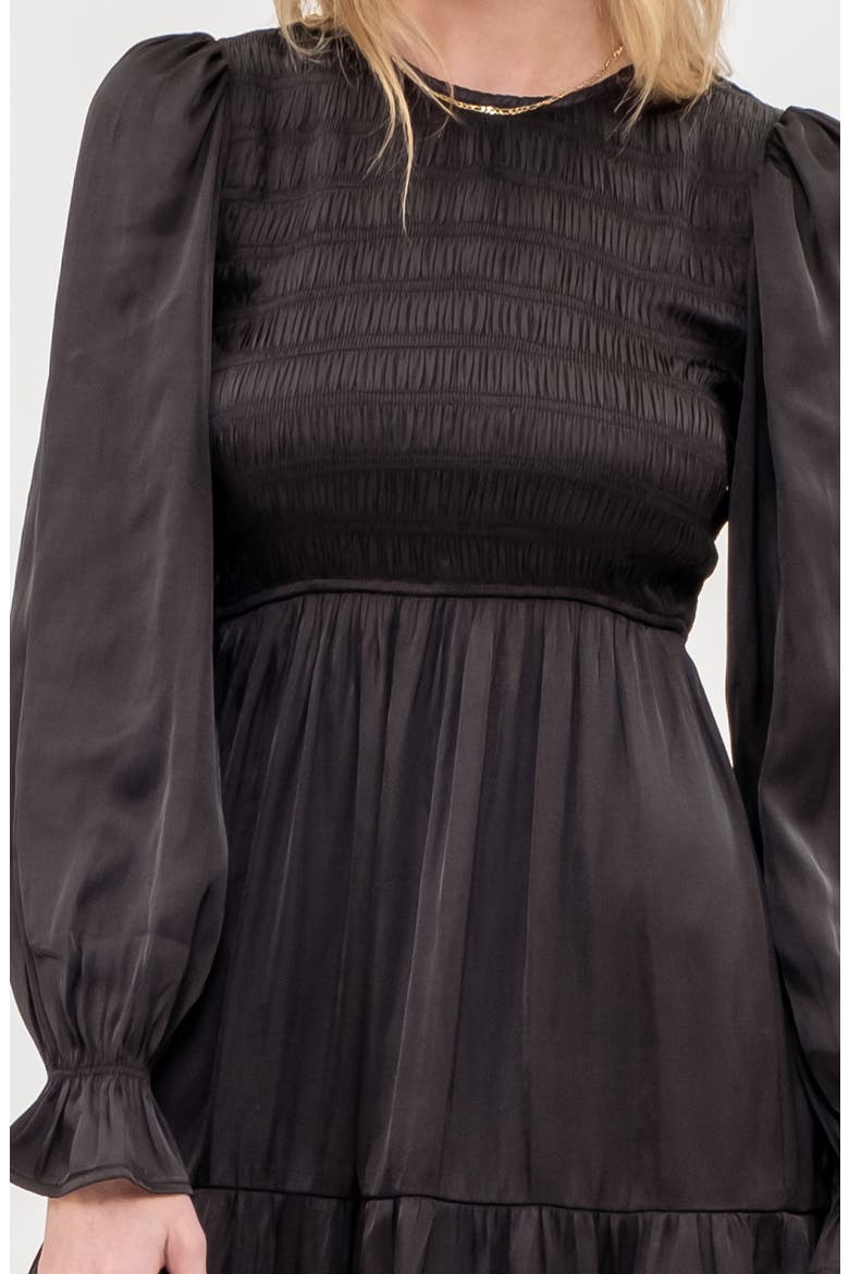 Satin Smocked Long Sleeve Dress, Alternate, color, BLACK