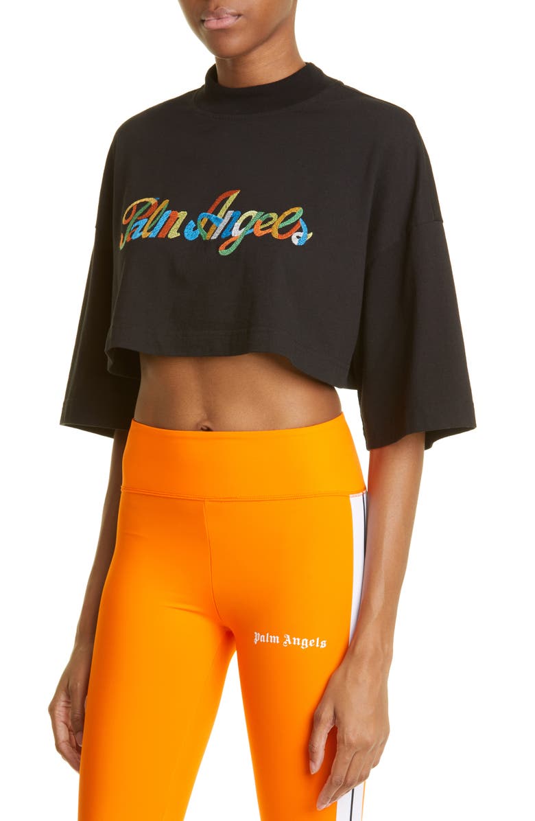 Palm Angels Embroidered Rainbow Crop Cotton Logo Tee, Alternate, color, 