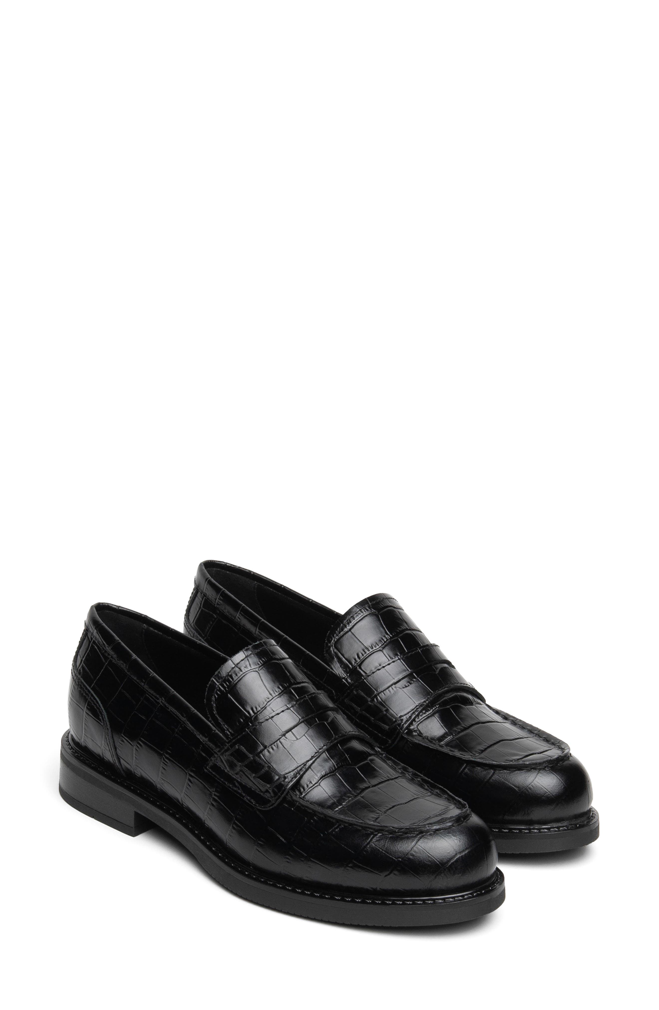 Croc Embossed Leather Penny Loafer, Main, color, BLACK