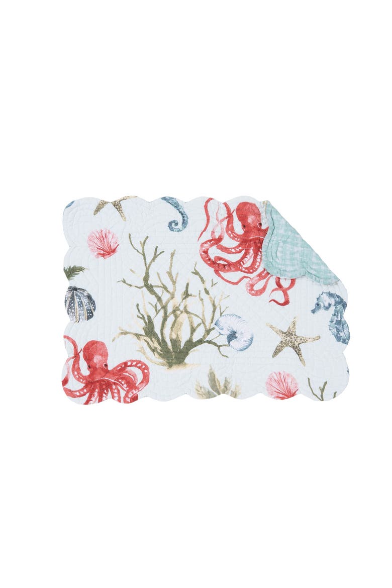 Behari Coastal Sea Life Cotton Quilted Reversible Placemats Set of 6, 13" x 19", Main, color, Blue