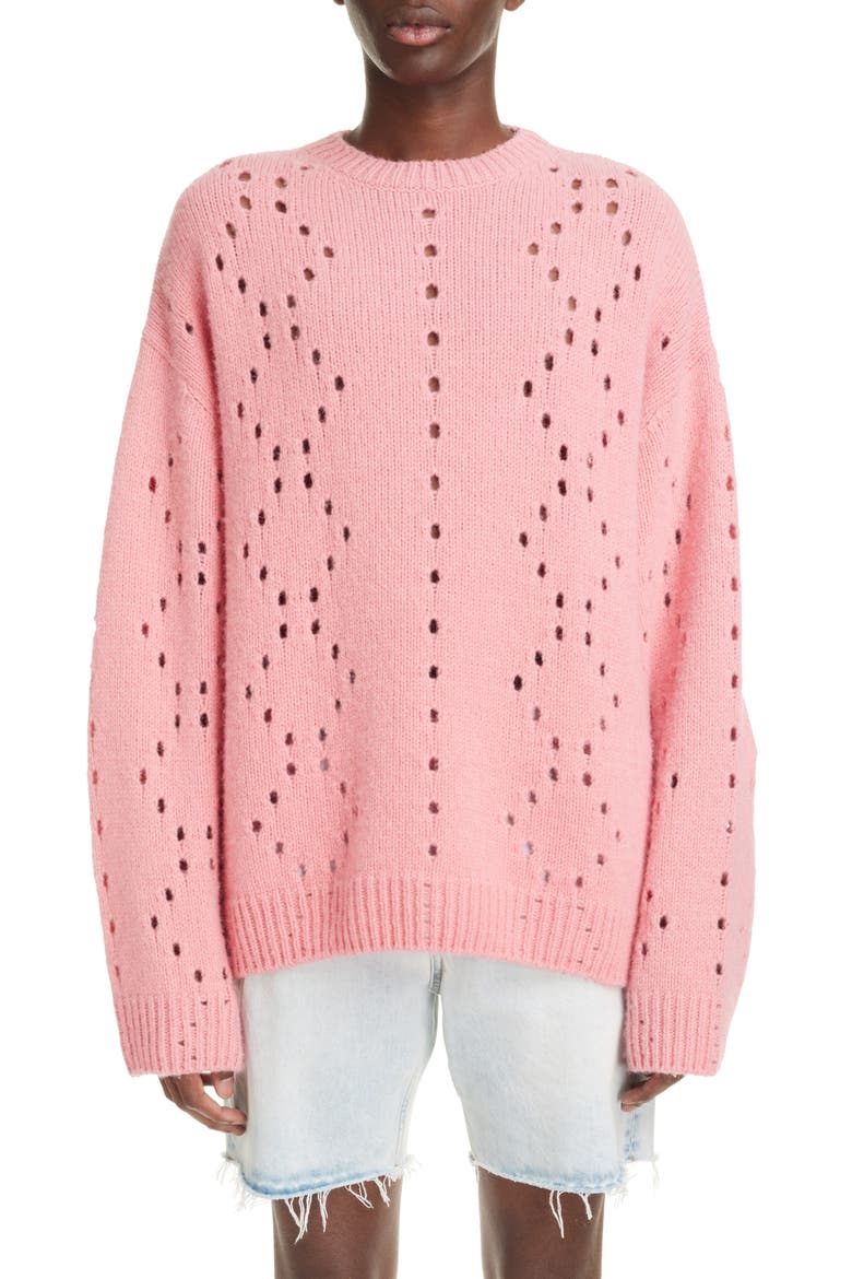Oversize Pointelle Stitch Crewneck Sweater, Main, color, FLAMINGO