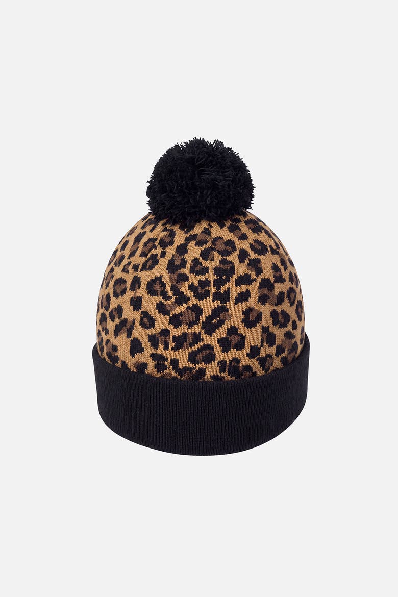 Leopard Knit Lined Hat with Pompom, Alternate, color, Brown Leopard Print