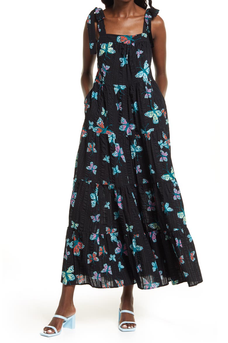 Cristina Martinez Print Tiered Sundress, Main, color, BLACK BUTTERFLY BEAUTY