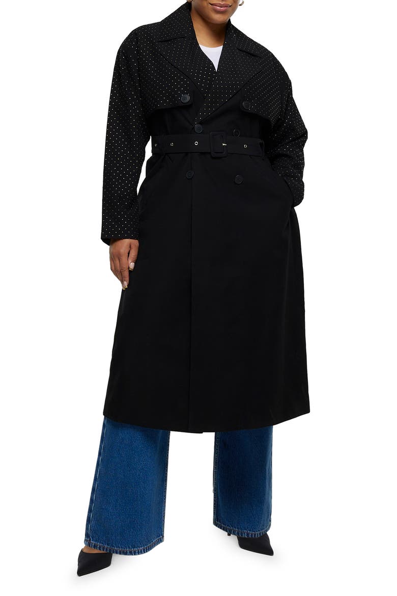 Belted Studded Longline Trench Coat, Main, color, BLACK