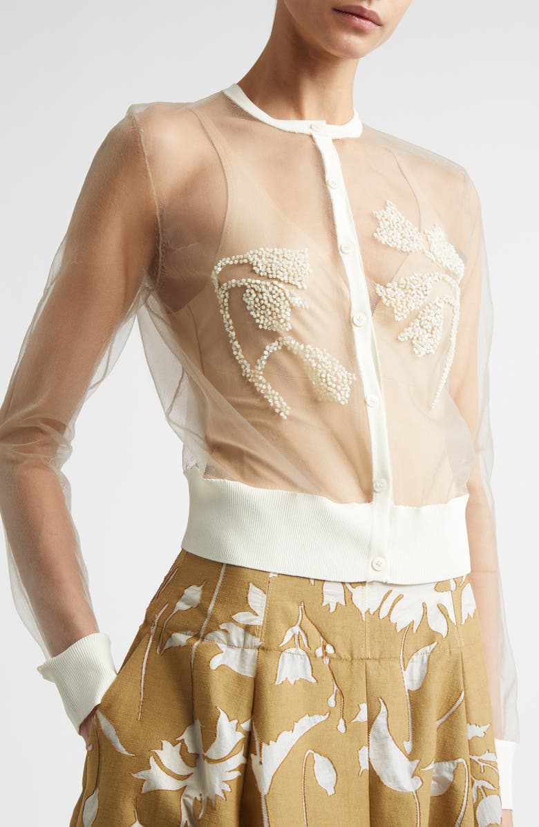 Lela Rose Floral Beaded Sheer Cardigan, Alternate, color, Cream