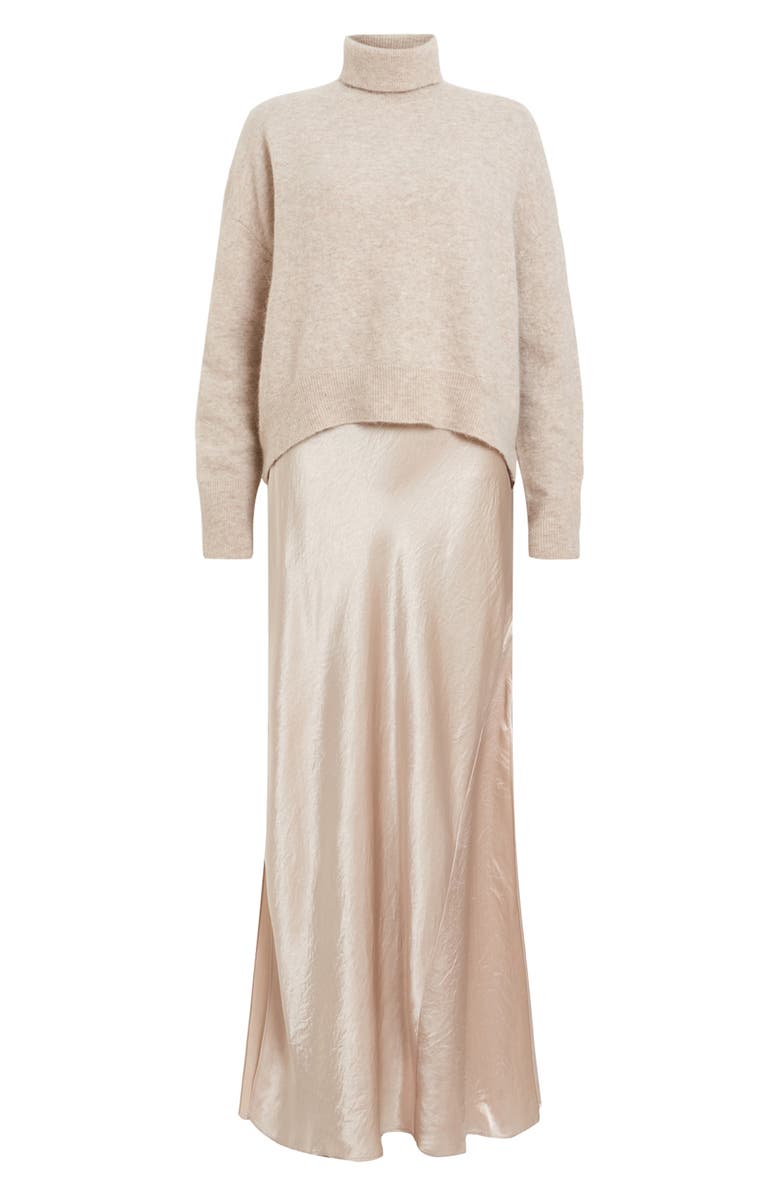 AllSaints Nico Alpaca & Wool Blend Turtleneck Sweater & Satin Slipdress, Alternate, color, 