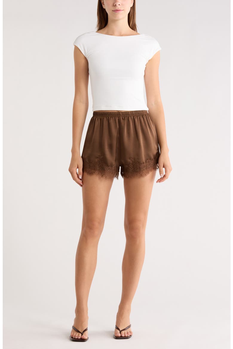 Lace Trim Satin Shorts, Main, color, BROWN TERRA