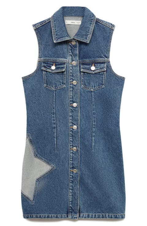 Star Detail Sleeveless Denim Dress