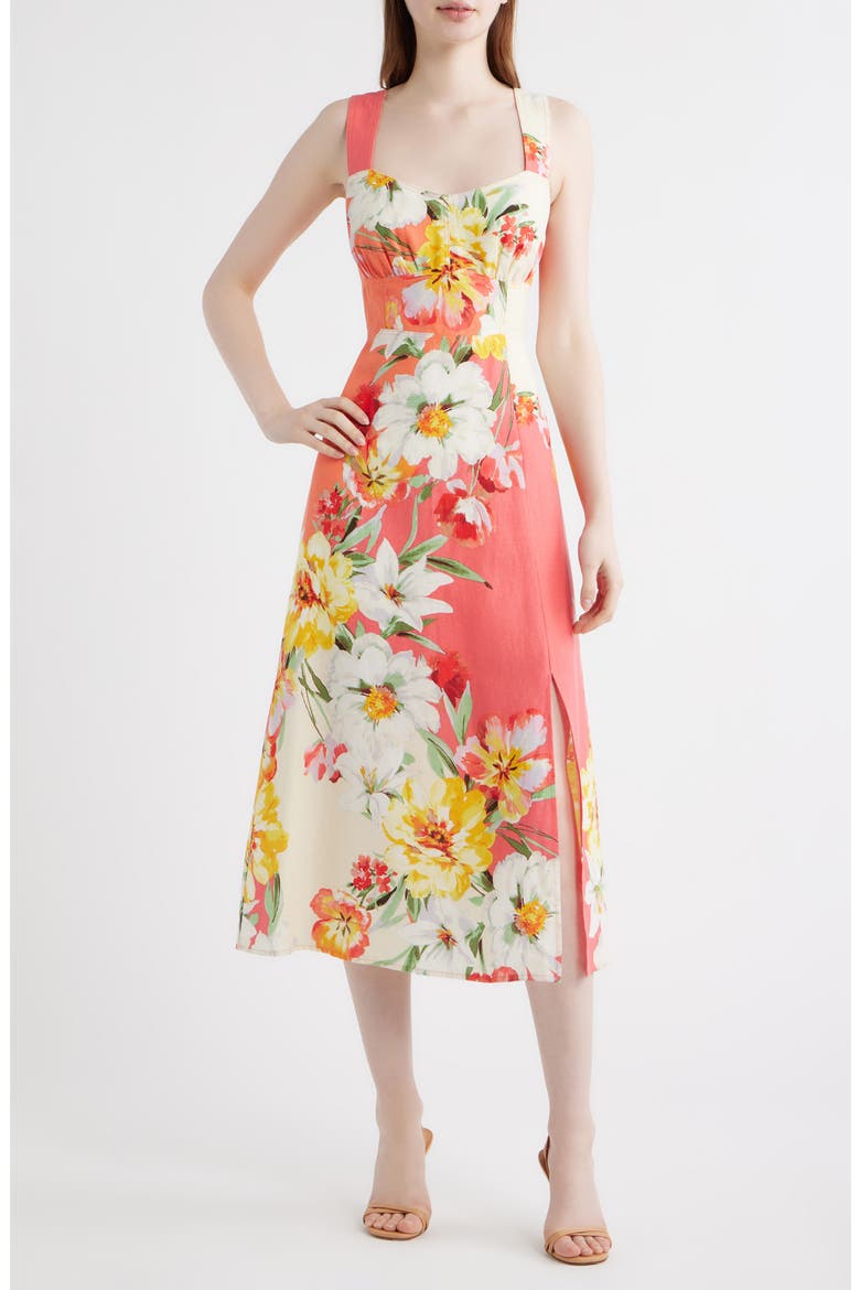 Floral Print Fit & Flare Midi Dress, Main, color, CORAL MULTI