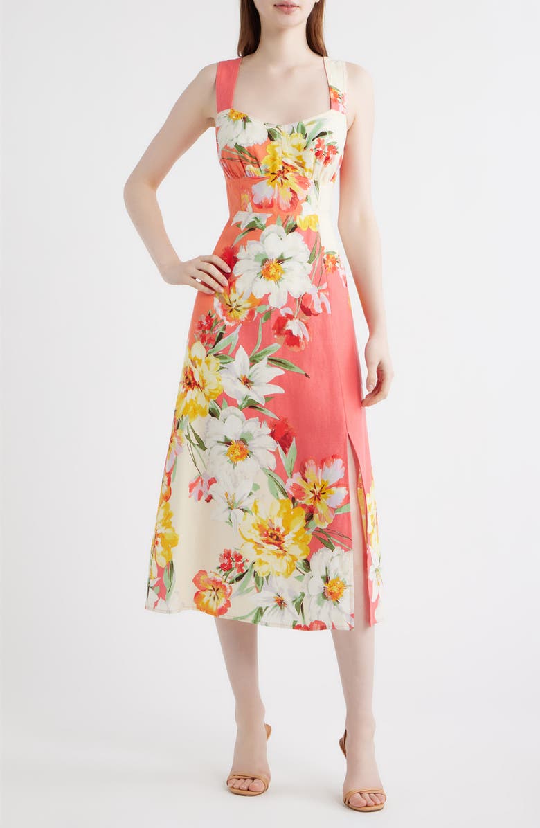 Vince Camuto Floral Print Fit & Flare Midi Dress, Main, color, Coral Multi
