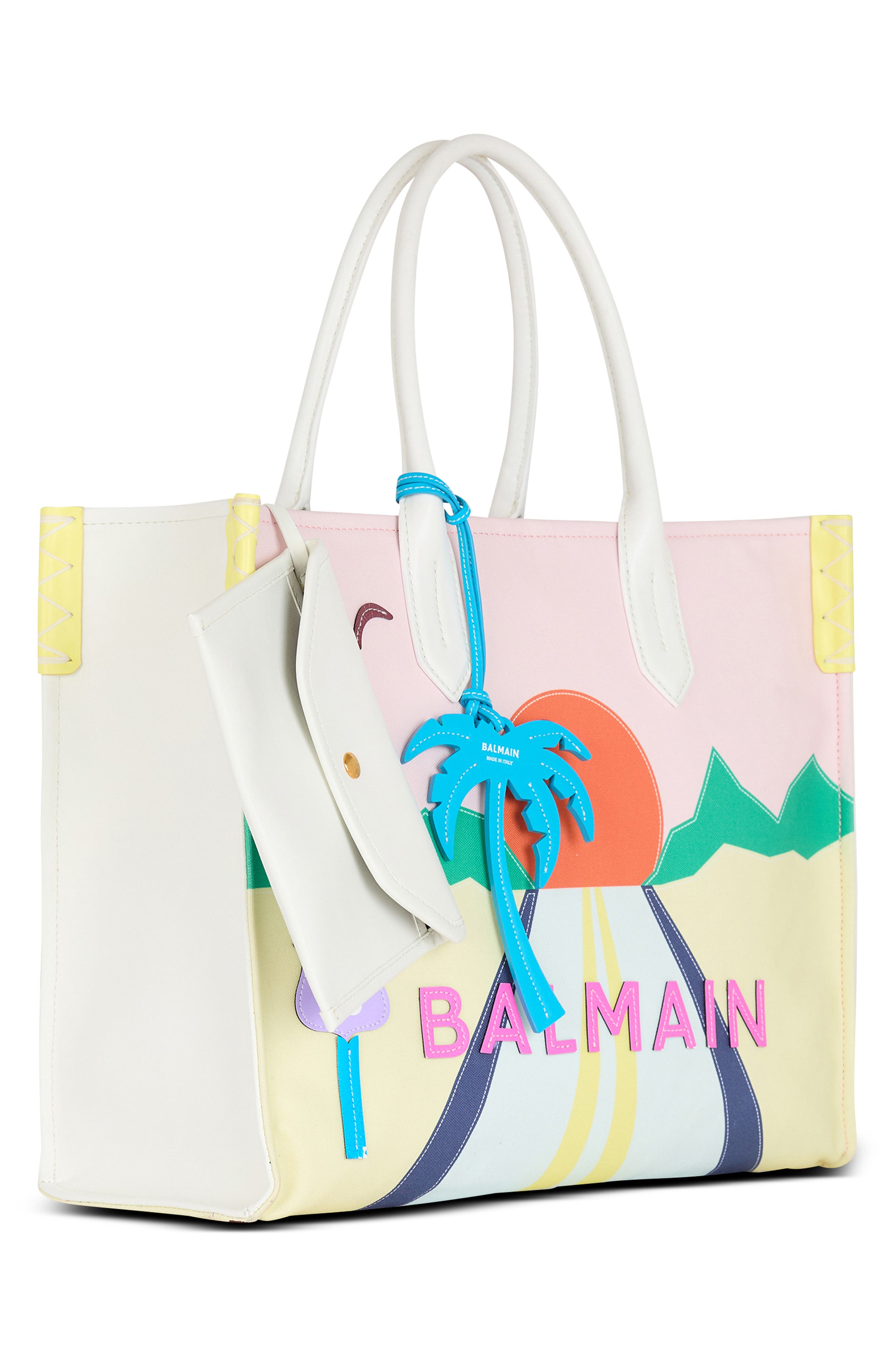 Balmain Medium B-Army Postcard Print Leather & Canvas Shopper Tote, Alternate, color, 