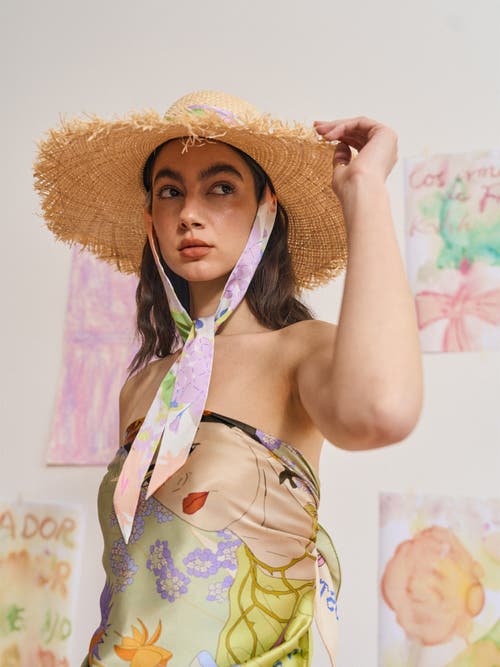 Lost Pattern Nyc Frida X Lost Pattern "frida's Garden" Straw Hat With Ribbon Tie In Neutral