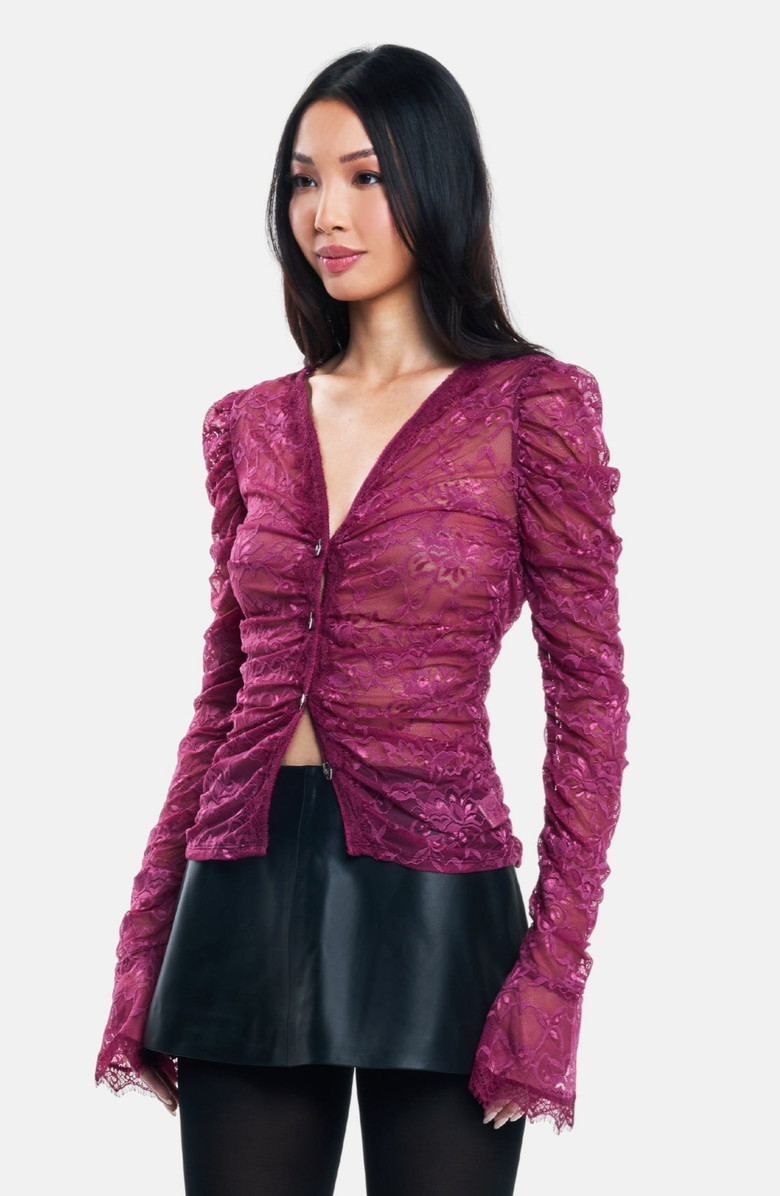 OW Collection AUDREY Lace Cardigan, Alternate, color, Cherry Lacquer