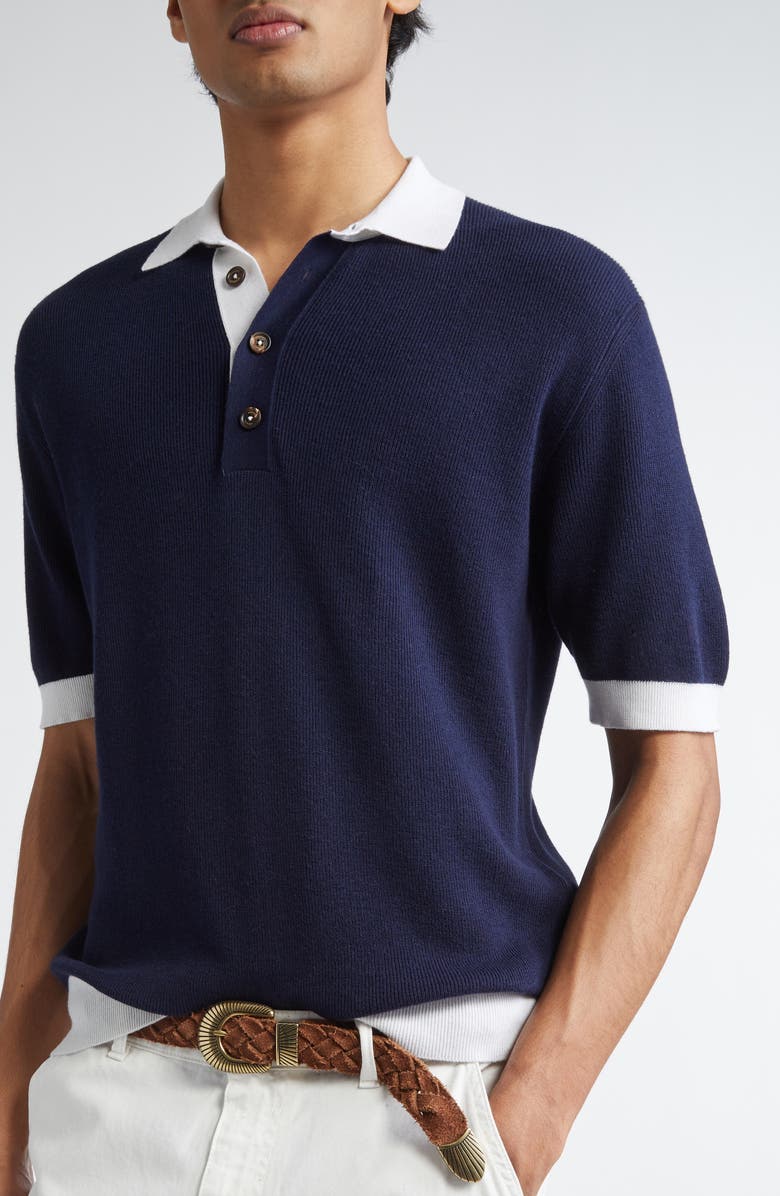 Eleventy Cotton & Virgin Wool Polo Sweater, Alternate, color, 11-01 Blue And White