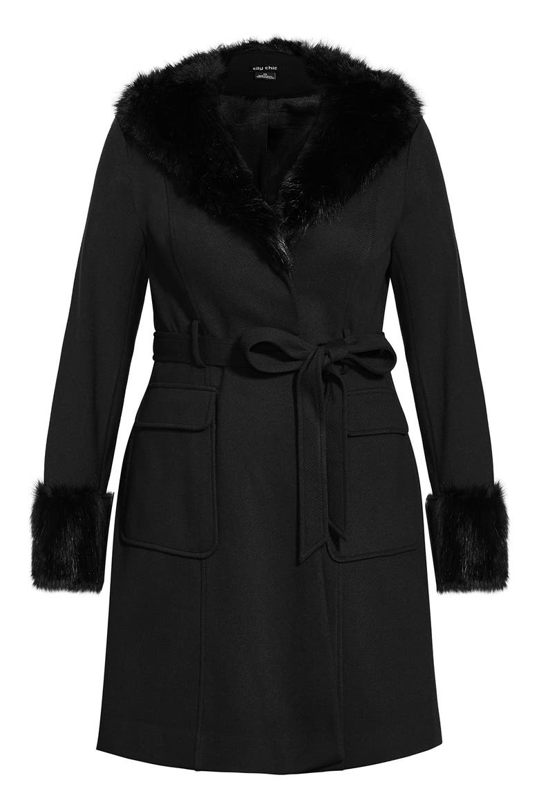 Make Me Blush Belted Coat with Faux Fur Trim, Alternate, color, BLACK