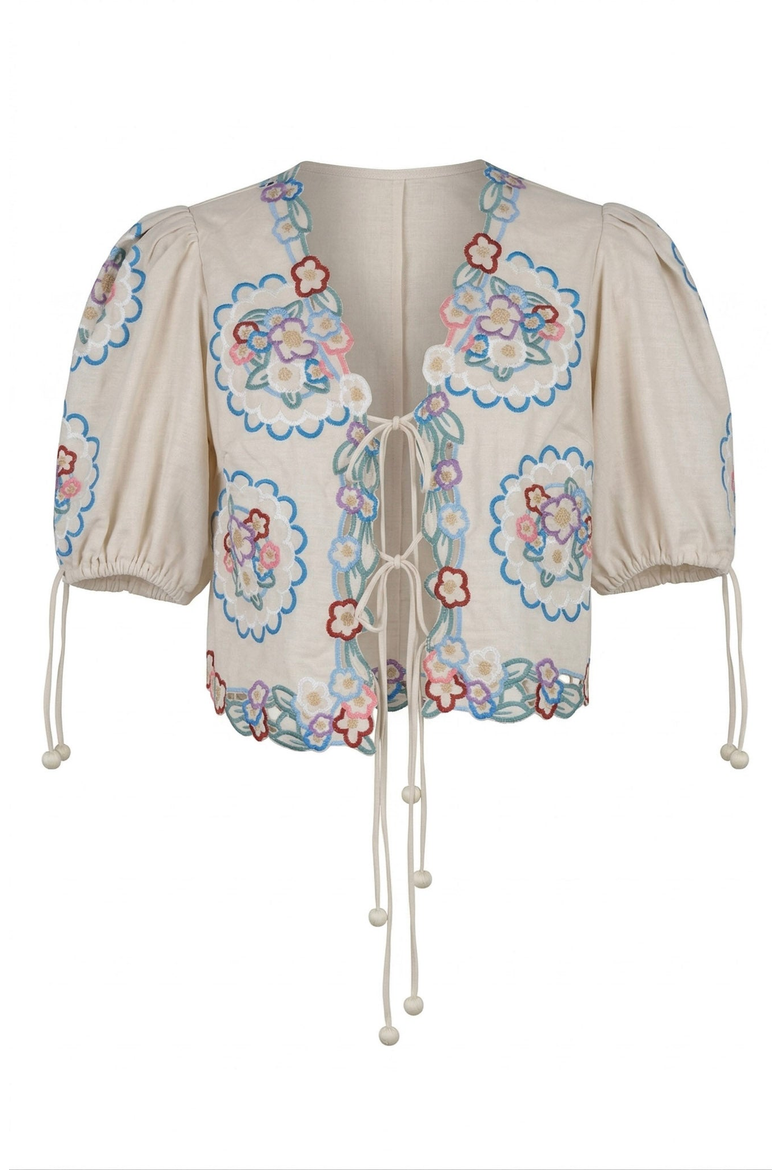 Floral Embroidered Tie Front Cropped Top, Alternate, color, Ecru