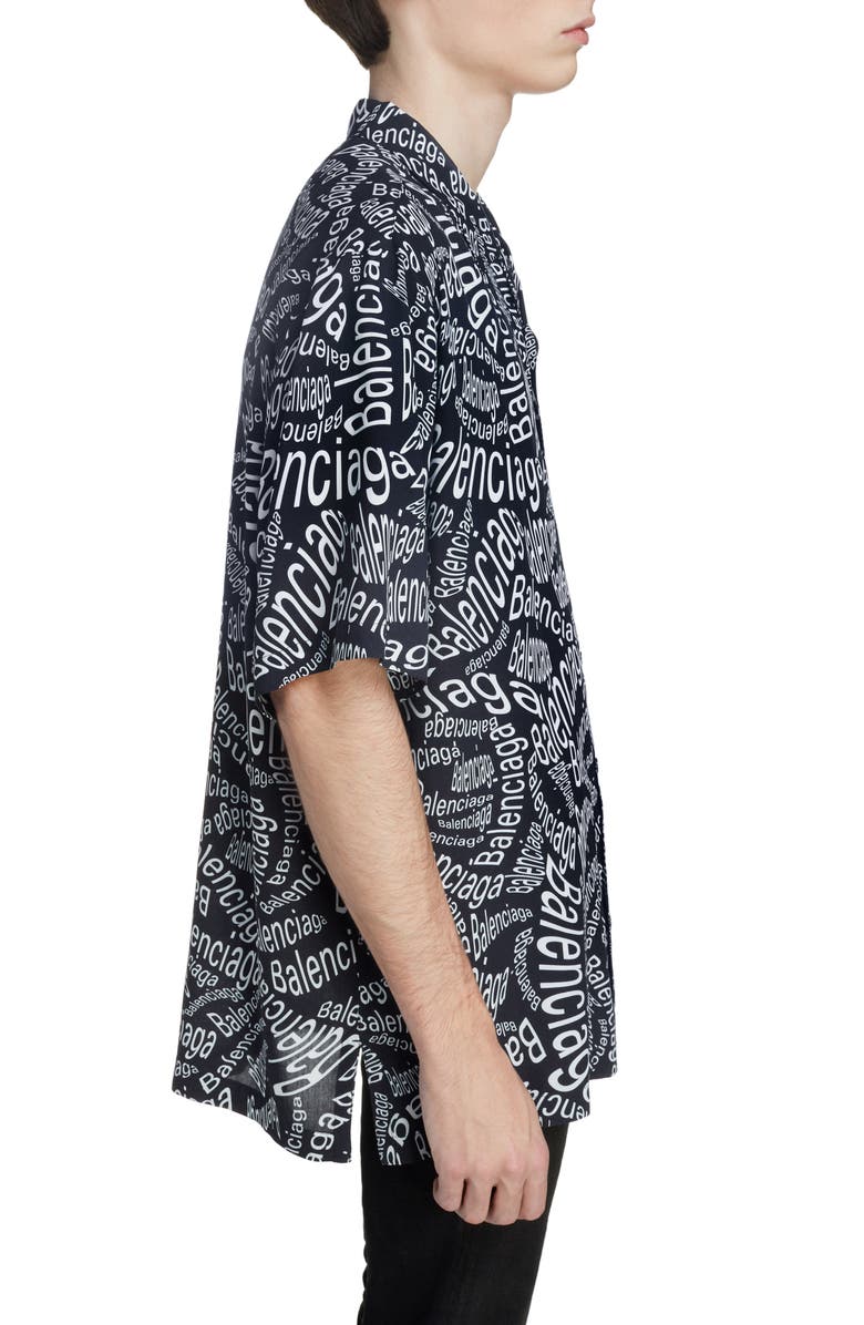 Balenciaga Logo Print Short Sleeve Button-Up Camp Shirt, Alternate, color, 