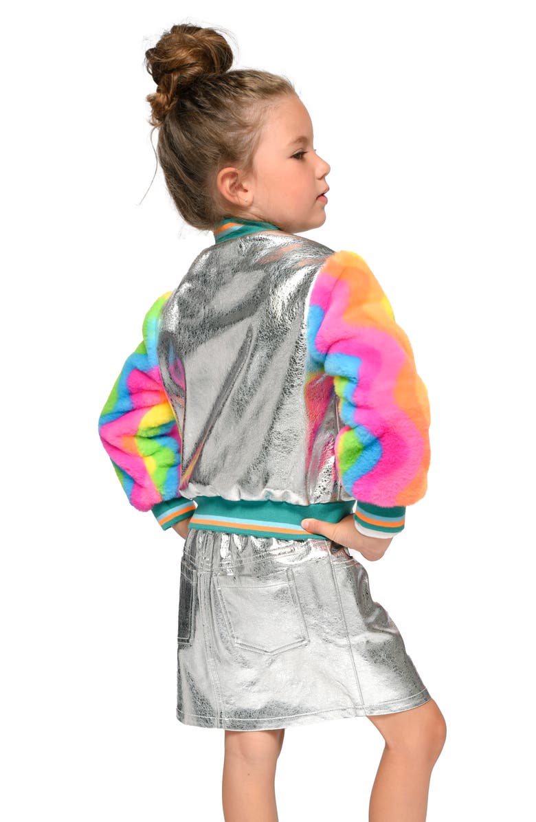 Truly Me Kid's Happy Face Embellished Faux Fur Fleece & Metallic Bomber Jacket, Alternate, color, 