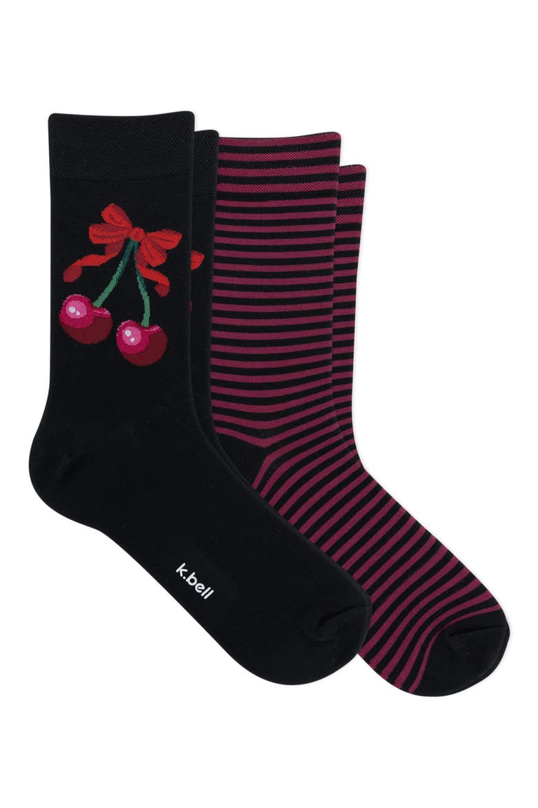 Cherries Ministripe 2-Pack Crew Socks, Main, color, BLACK/ RED